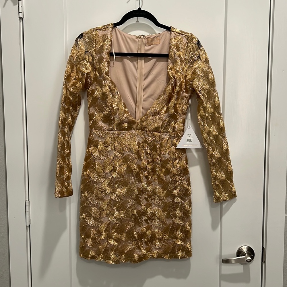 Gold Metallic Lace Mini Dress